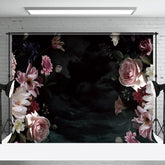 Aperturee - Elegant Black Pink Floral Backdrop For Photography